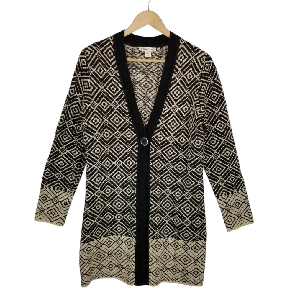 Coldwater Creek Women's Single Button Wool Blend Long Cardigan Black Tan Medium